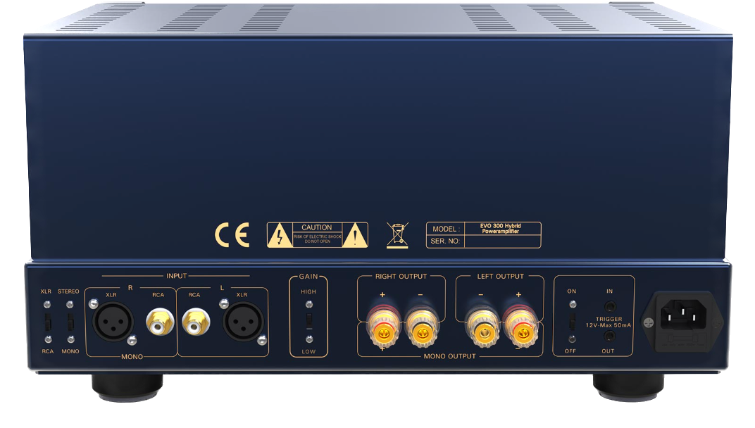 PrimaLuna EVO 300 Hybrid Power Amplifier in Silver, rear of unit