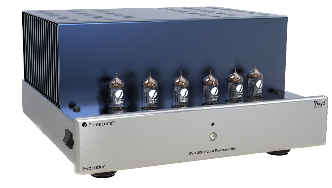 PrimaLuna EVO 300 Hybrid Power Amplifier in Silver, angled without cage