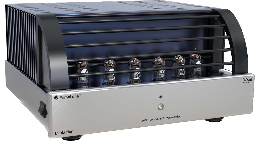 PrimaLuna EVO 300 Hybrid Power Amplifier in Silver, angled with cage