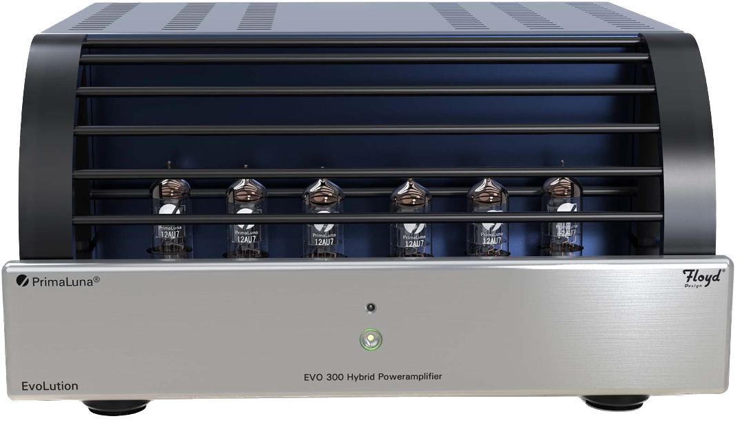 PrimaLuna EVO 300 Hybrid Power Amplifier in Silver, front with cage