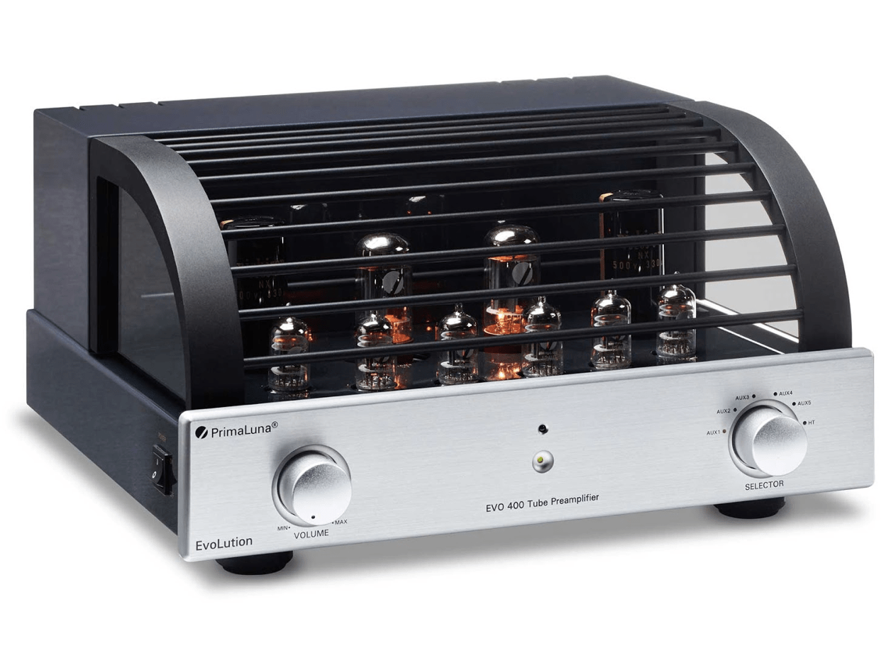 PrimaLuna EVO 400 Tube Power Amplifier in Silver with cover on an angle