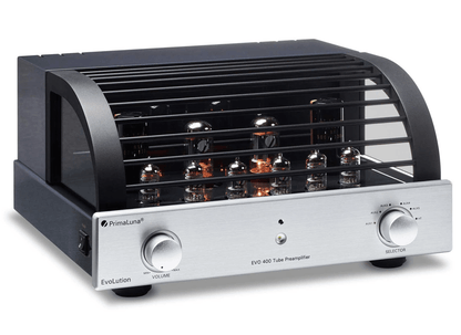 PrimaLuna EVO 400 Tube Power Amplifier in Silver with cover on an angle