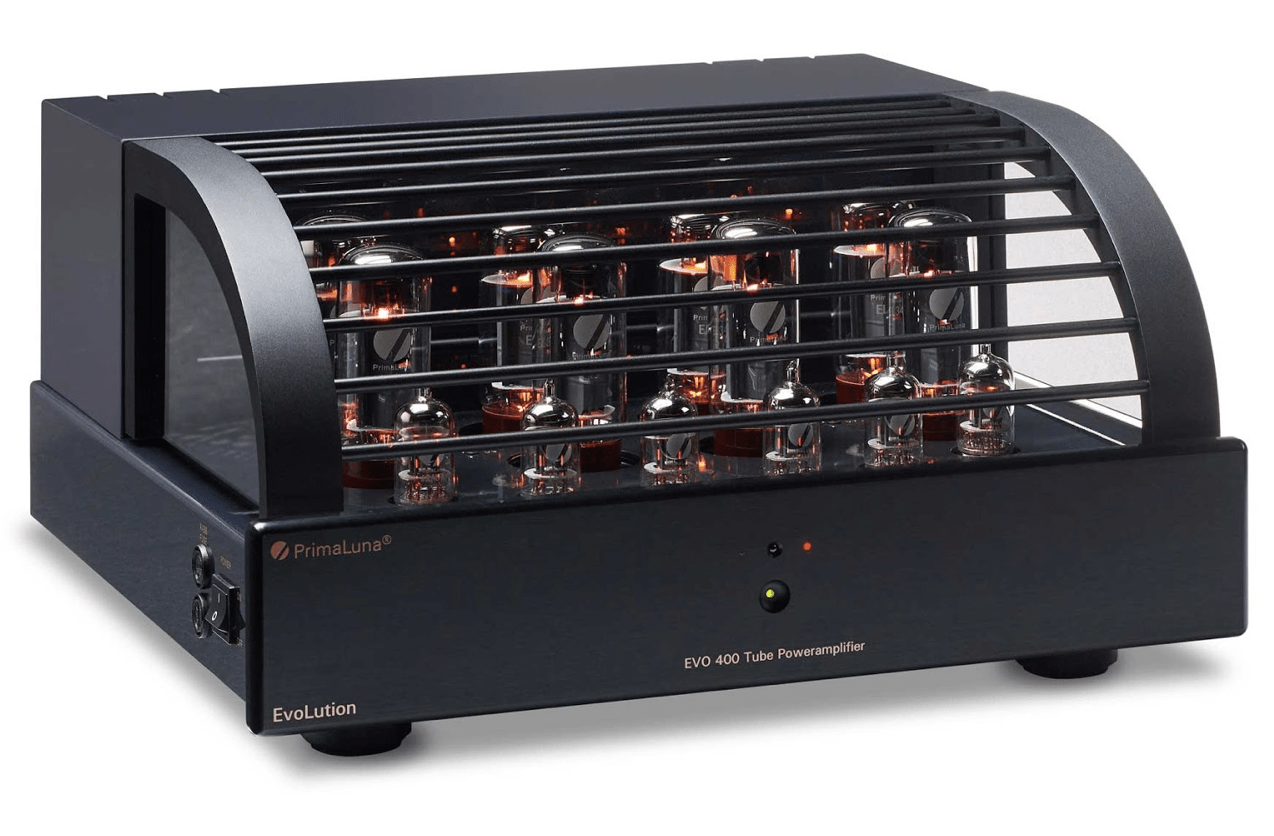 PrimaLuna EVO 400 Tube Power Amplifier in Black with cover on an angle