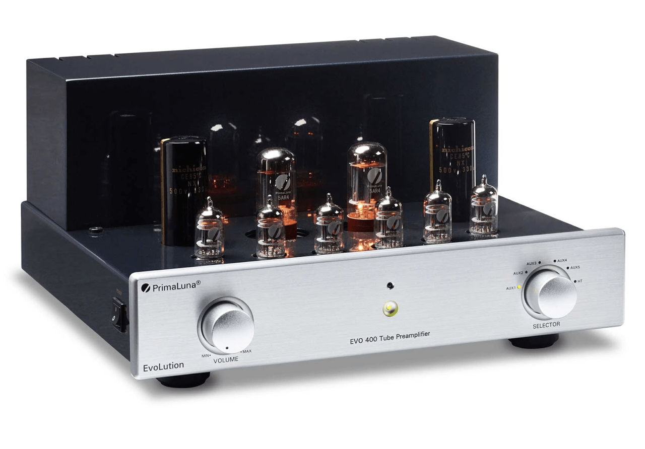 PrimaLuna EVO 400 Tube Power Amplifier in Silver without cover on an angle