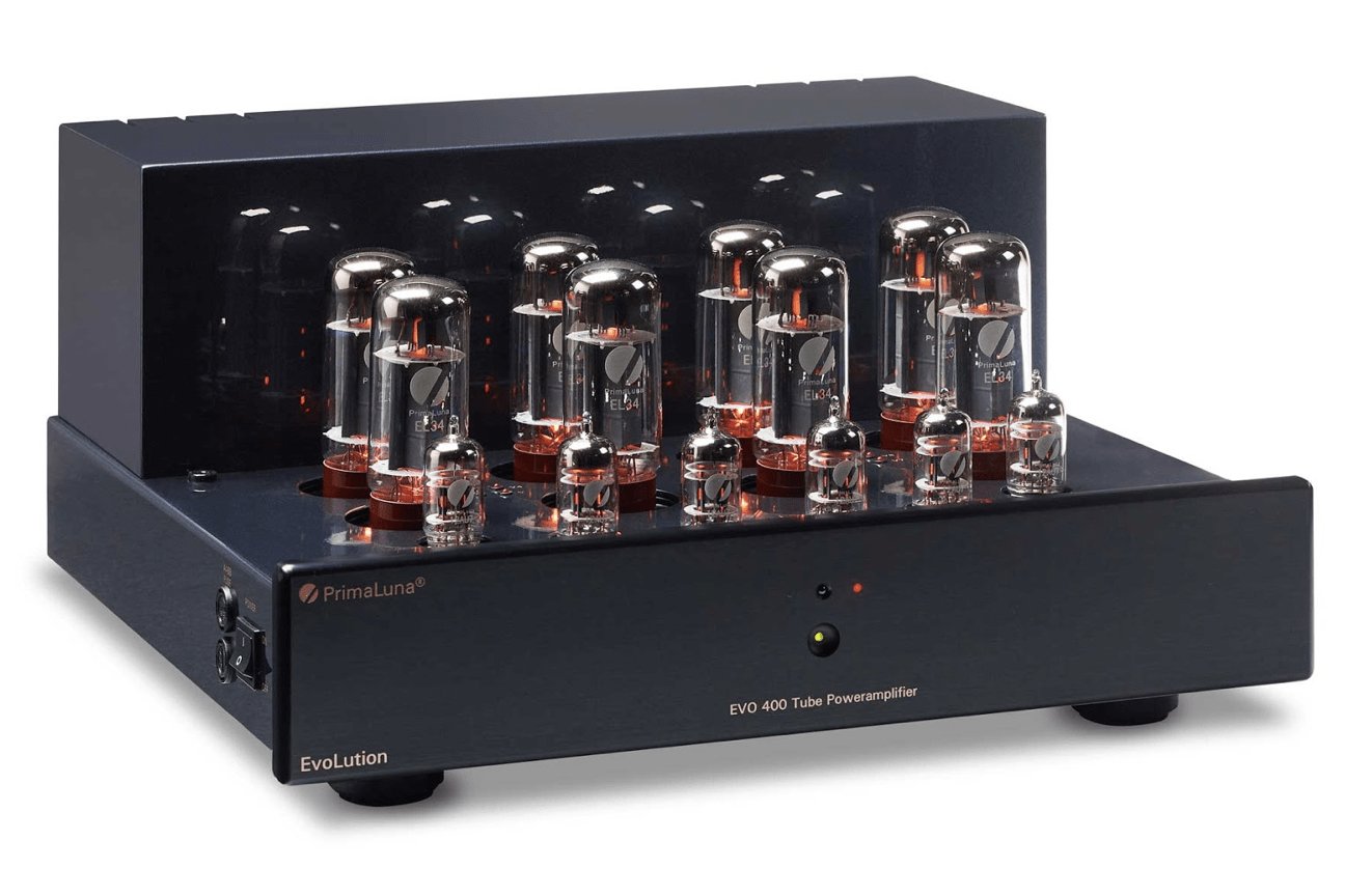PrimaLuna EVO 400 Tube Power Amplifier in Black without cover on an angle