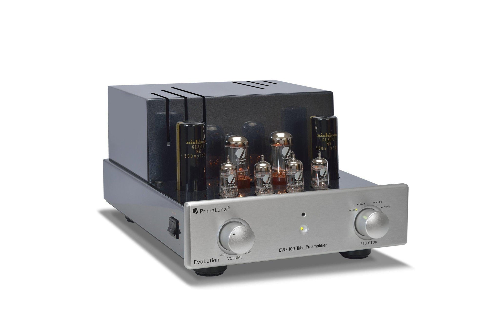 PrimaLuna EVO 100 Tube Pre Amplifier, in Silver, without Cover on an angle