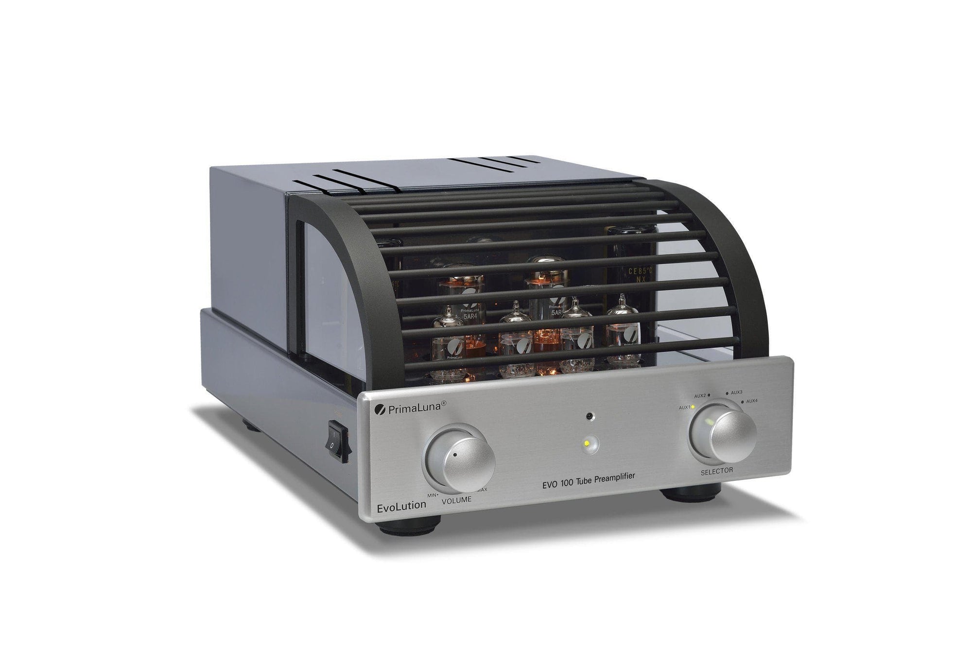 PrimaLuna EVO 100 Tube Phono Preamplifier in Silver, angled image with cover