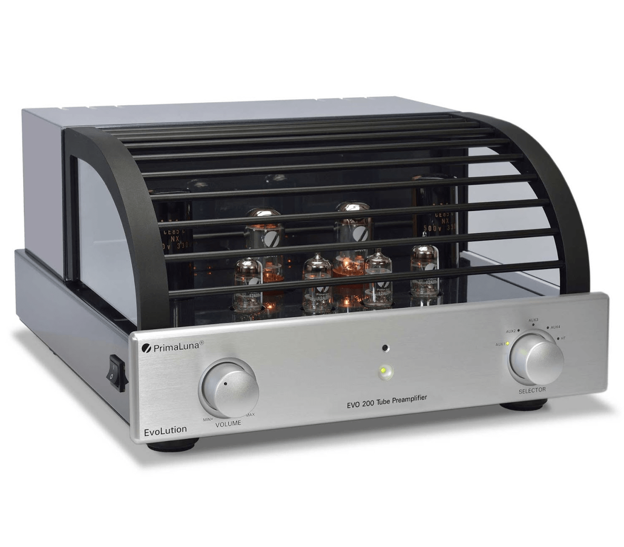 PrimaLuna EVO 200 Tube Pre Amplifier in Silver, with cover, on an angle