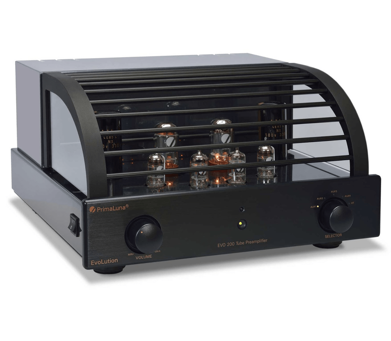 PrimaLuna EVO 200 Tube Pre Amplifier in Black, with cover, on an angle