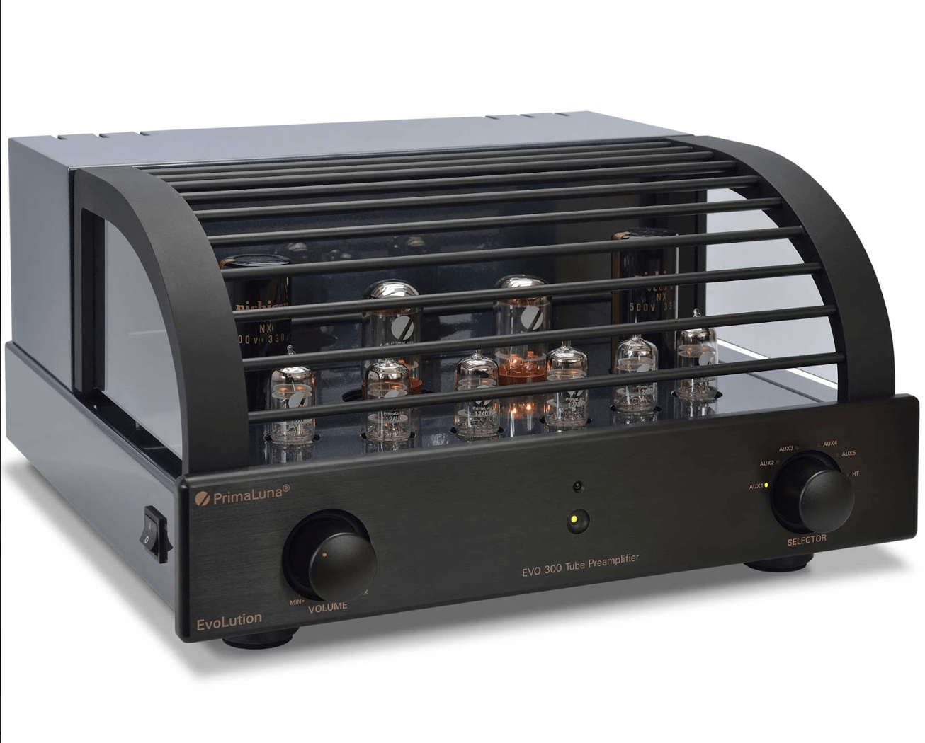 PrimaLuna EVO 300 Tube Pre Amplifier in Black, with cover on an angle