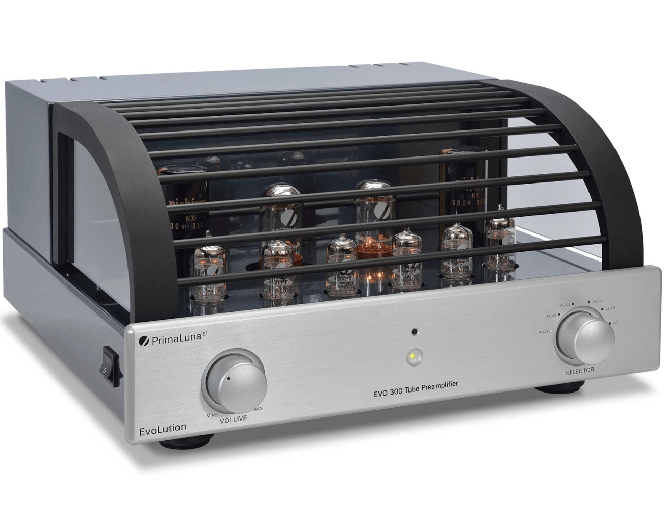 PrimaLuna EVO 300 Tube Pre Amplifier in Silver, with cover on an angle