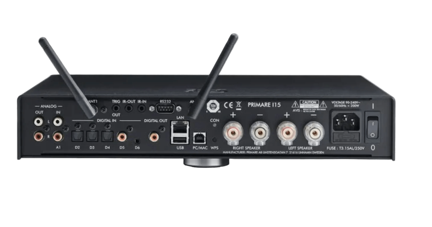 Primare I15 Prisma MK2 Integrated Amplifier in black, rear of unit