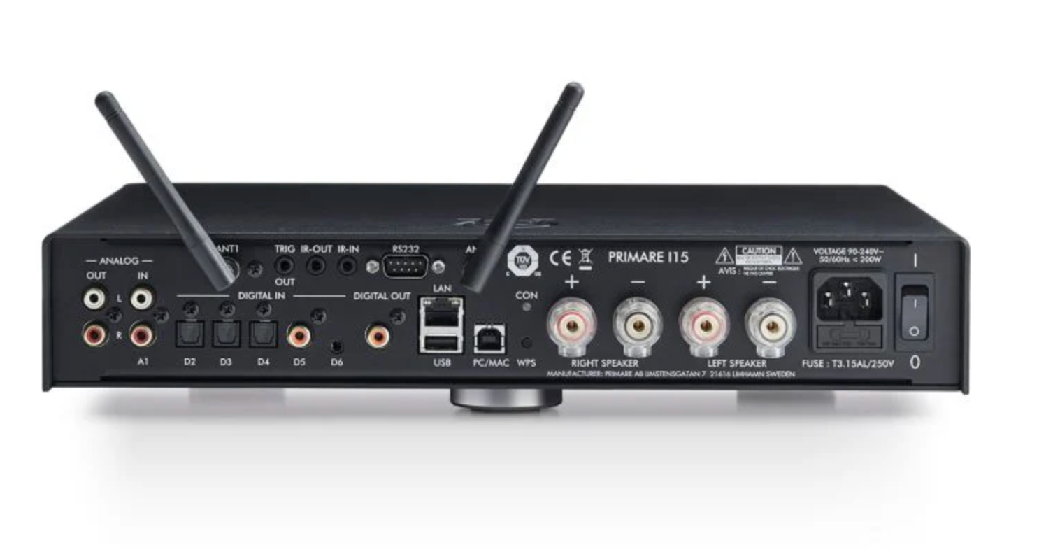 Primare I15 Prisma MK2 Integrated Amplifier in black, rear of unit