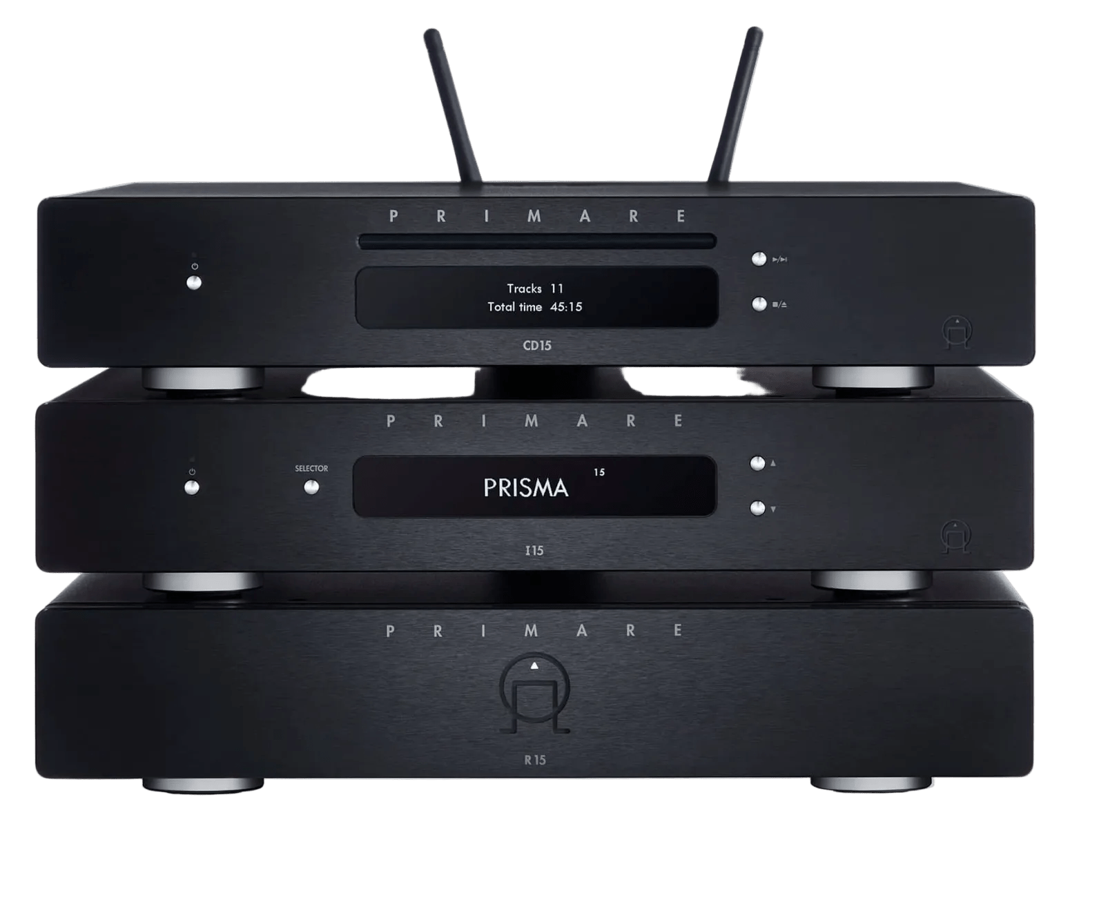 Primare SC15 Prisma MK2 Network Player and DAC. Image shows black unit, CD 15, I15 and R15 system building