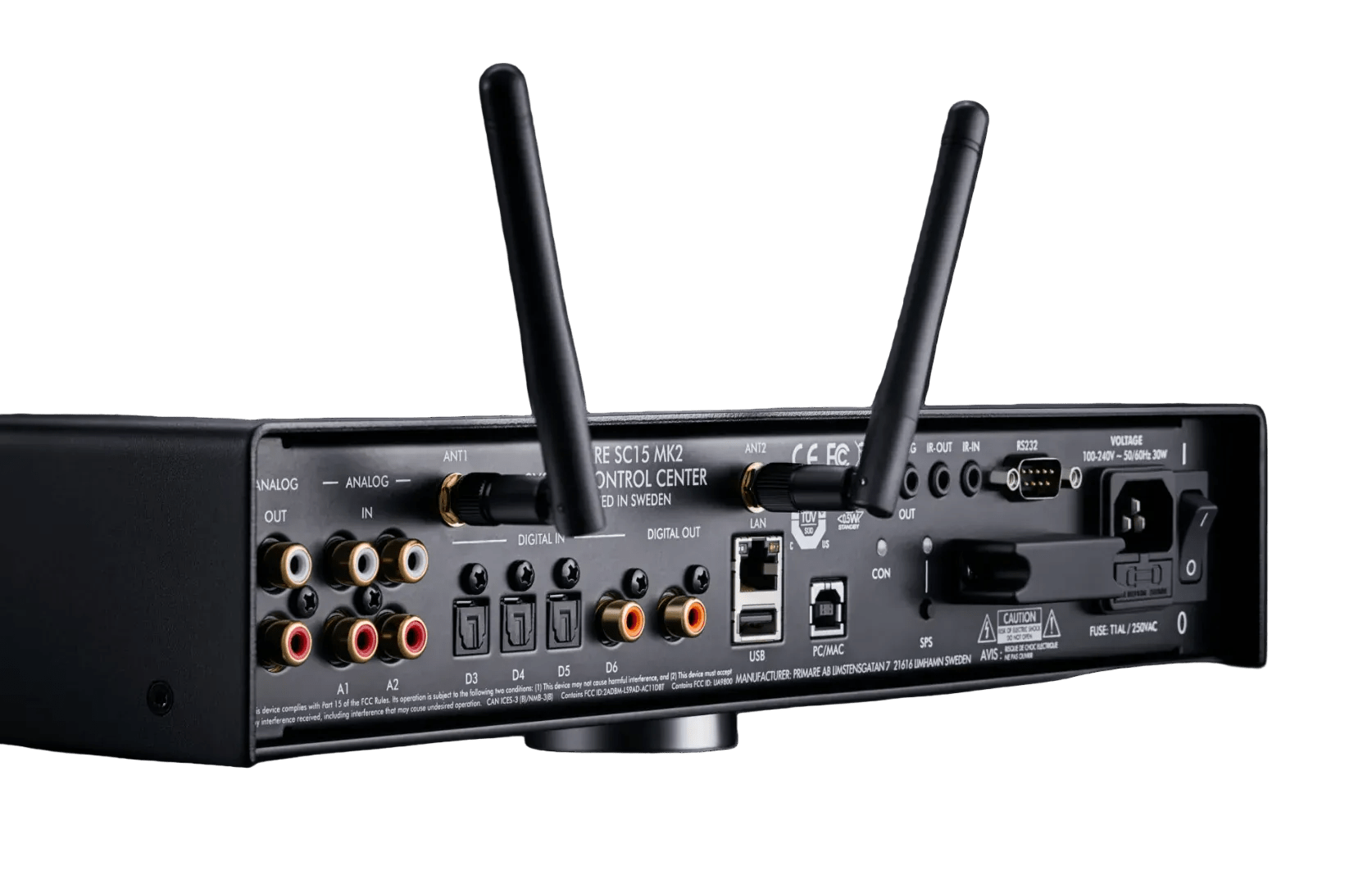 Primare SC15 Prisma MK2 Network Player and DAC in black, close up of back panel