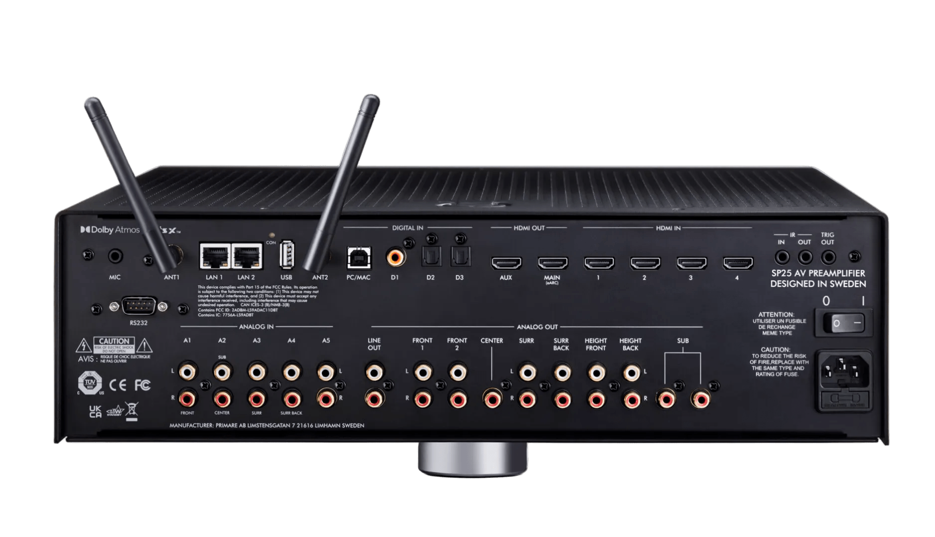 Primare SP25 Prisma Home Cinema Preamplifier in black, rear of unit