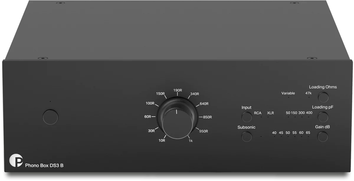 ProJect Audio  Phono Box DS3 B True Balanced Preamplifier, in black front.