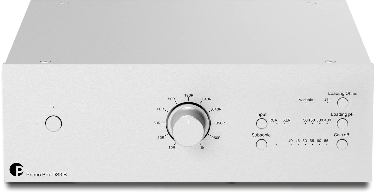 ProJect Audio  Phono Box DS3 B True Balanced Preamplifier, in silver front.