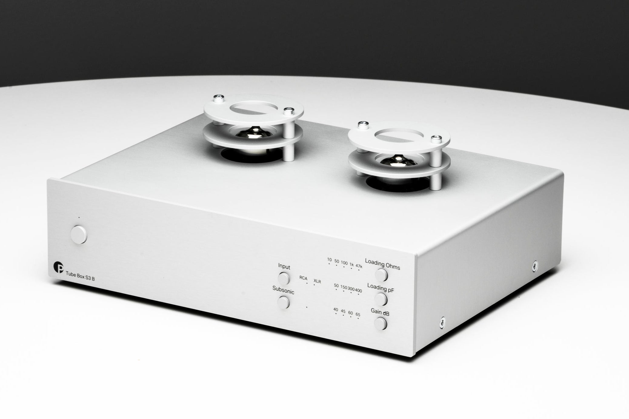 ProJect Tube Box S3 B Phono Pre-amplifier in Silver, angled