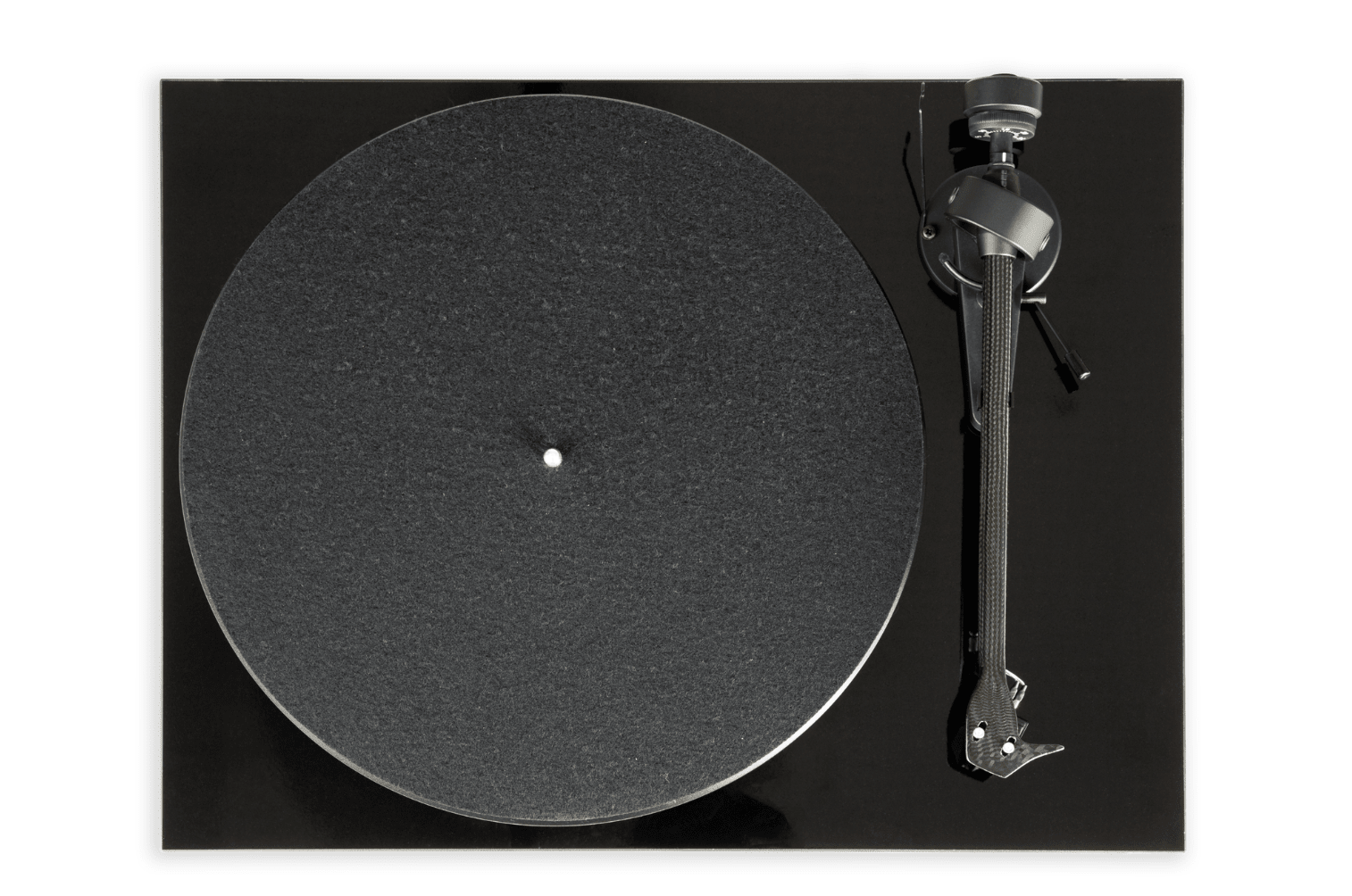ProJect Debut E Carbon Turntable with Ortofon 2M Red cartridge in black, overhead view