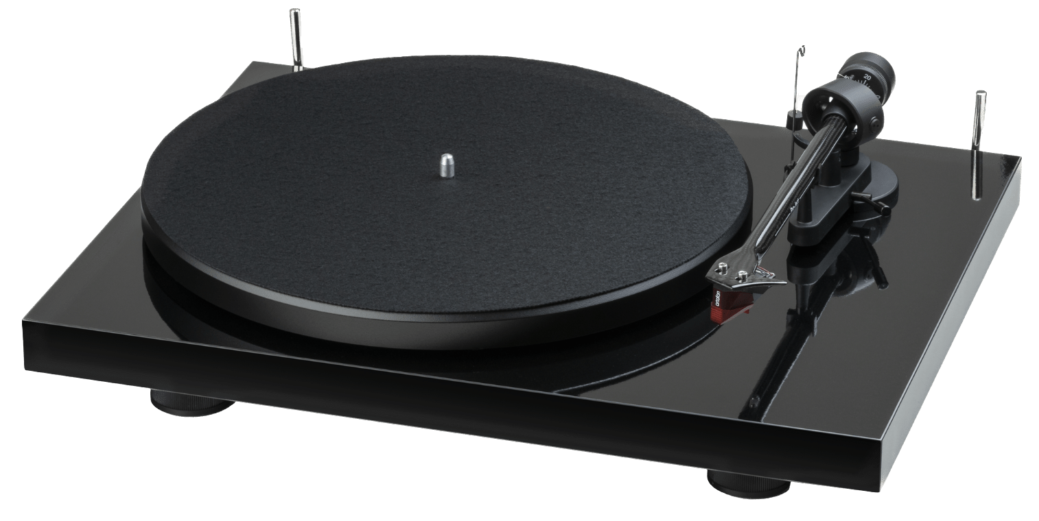 ProJect Debut E Carbon Turntable with Ortofon 2M Red cartridge in black, angled