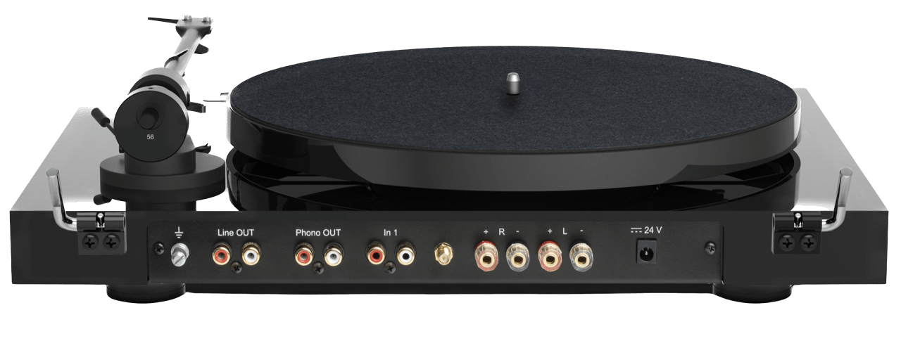 Project Juke Box E1 Turntable with Ortofon OM5e Cartridge in High GlossBlack; back of unit