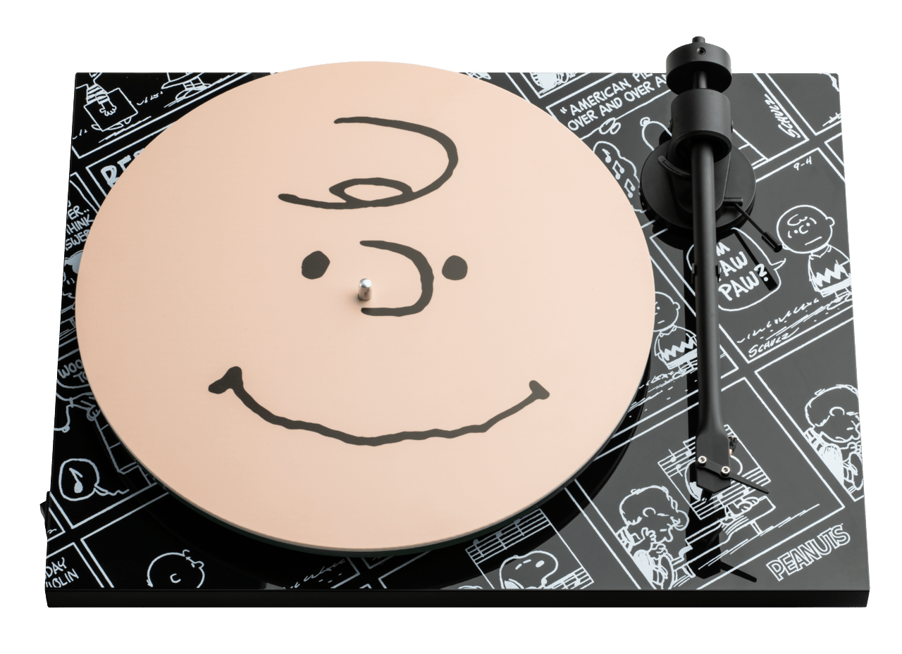 ProJect Peanuts Turntable with Ortofon OM 10 Cartridge with special Charlie Brown acrylic record plate placed on top of the glass main platter.