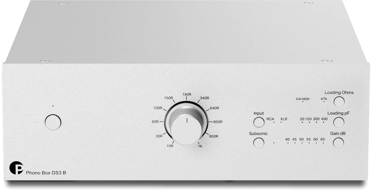 ProJect Audio  Phono Box DS3 B True Balanced Preamplifier, in silver front.