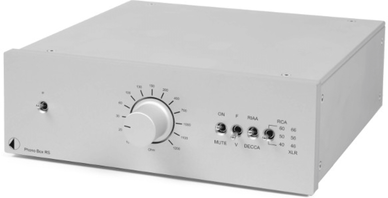 ProJect Phono Box RS Phono Preamplifier, front image of silver unit