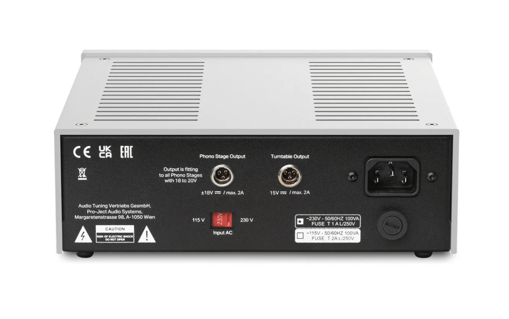 ProJect Power Box RS2 Phono Power Supply in Silver, back of unit