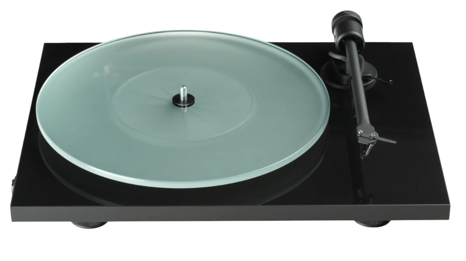 ProJect T1 EVO Phono Turntable with Ortofon OM 10 Cartridge, Piano Black, front and top shown