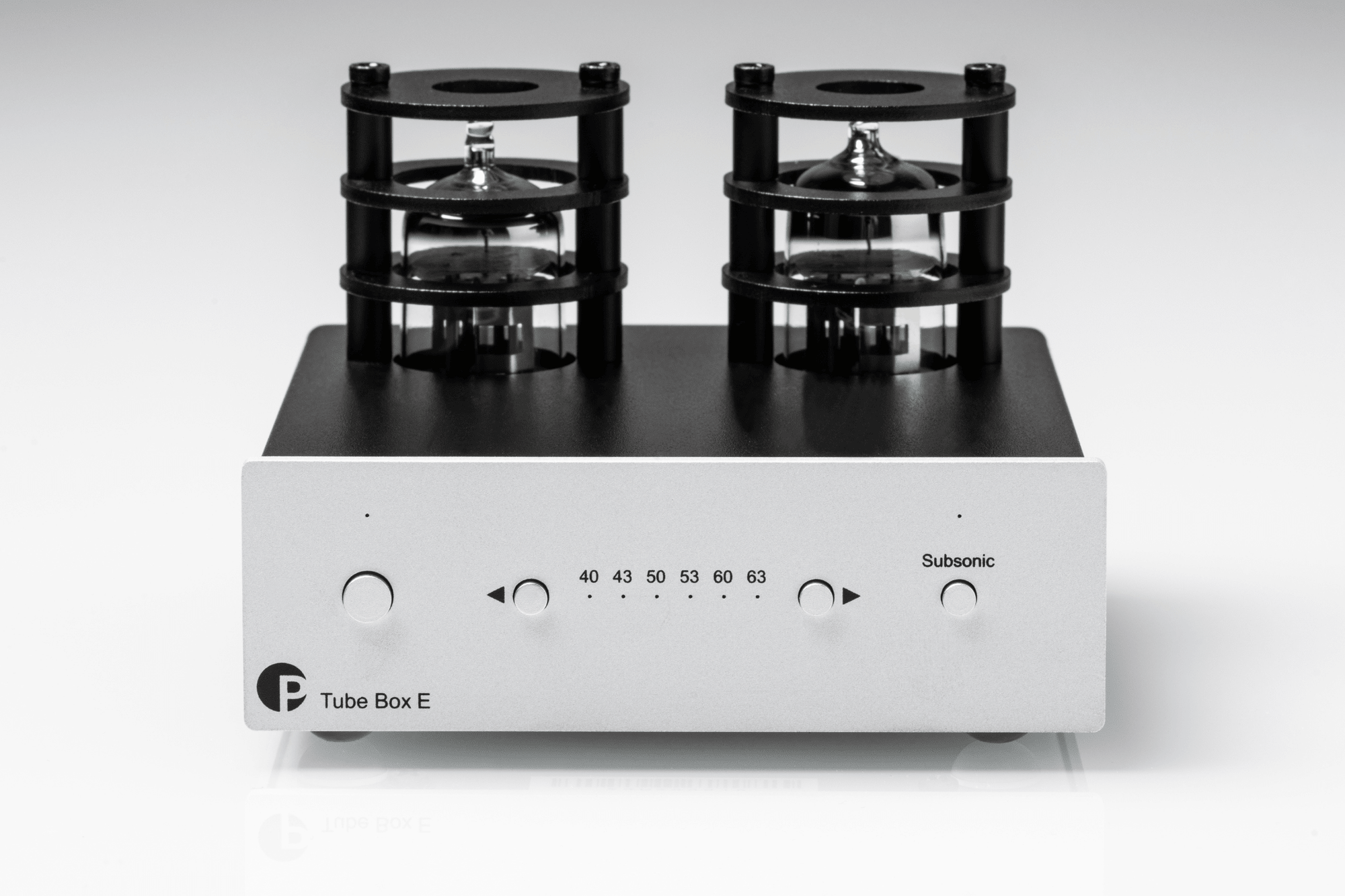 ProJect Tube Box E Phono Pre-amplifier in Silver, front of unit