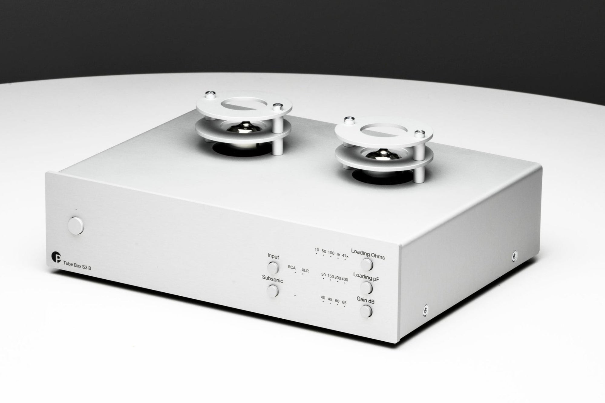 ProJect Tube Box S3 B Phono Pre-amplifier in Silver, angled