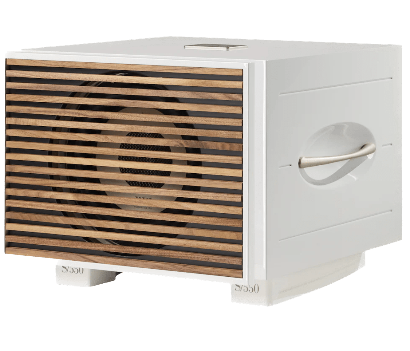REL S/850 Subwoofer in white, with wooden grille