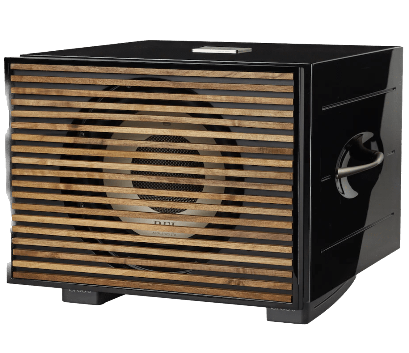 REL S/850 Subwoofer in black, with wooden grille