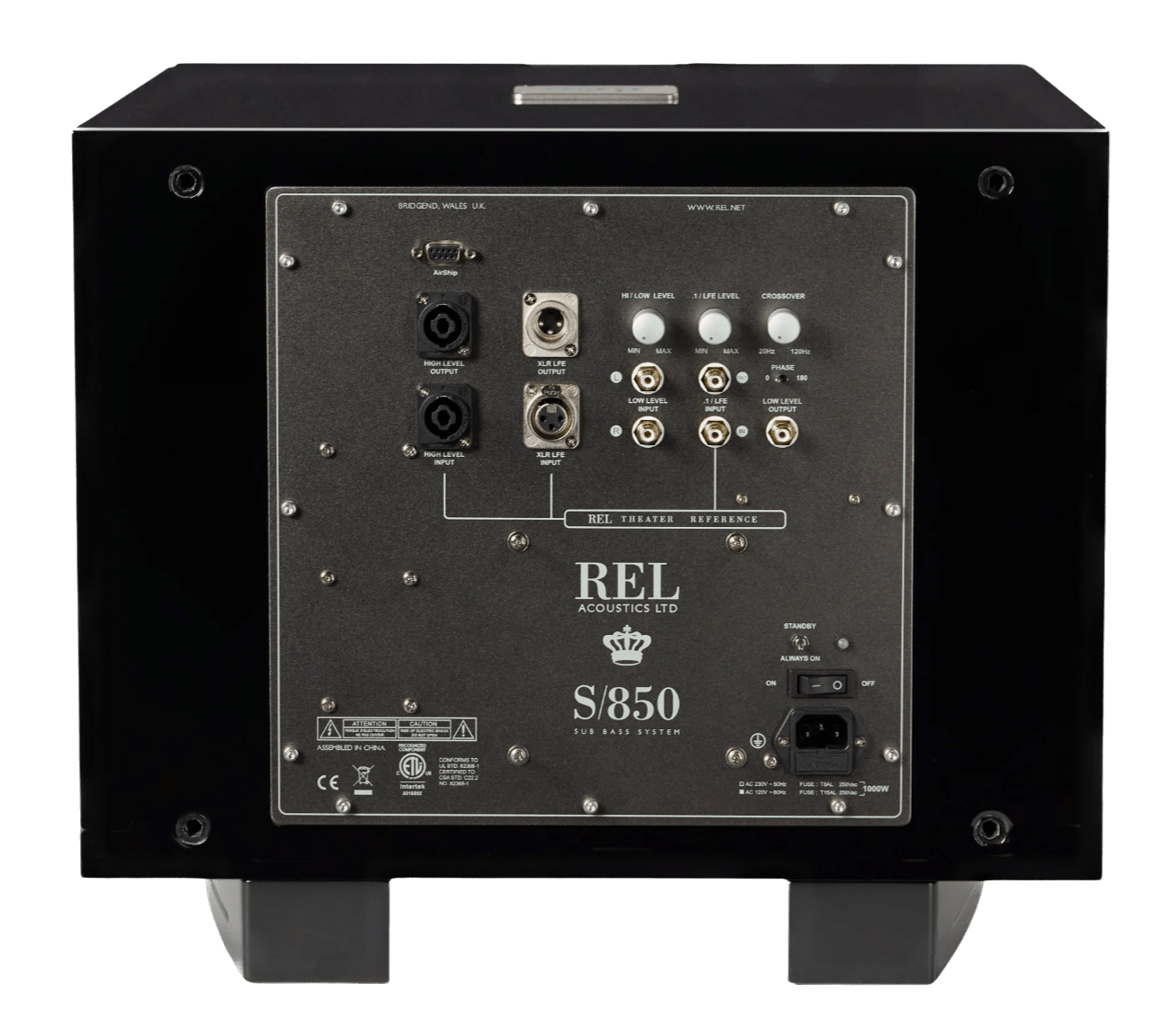 REL S/850 Subwoofer in black, underneath, rear of sub