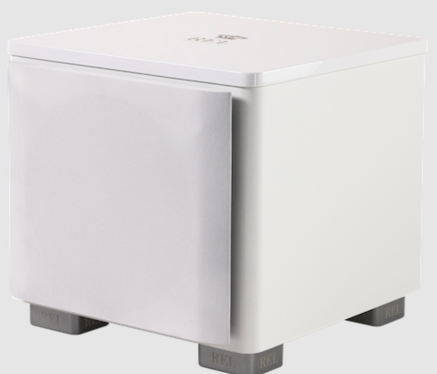 REL HT/1003 MK II Subwoofer in white, angled view with grille