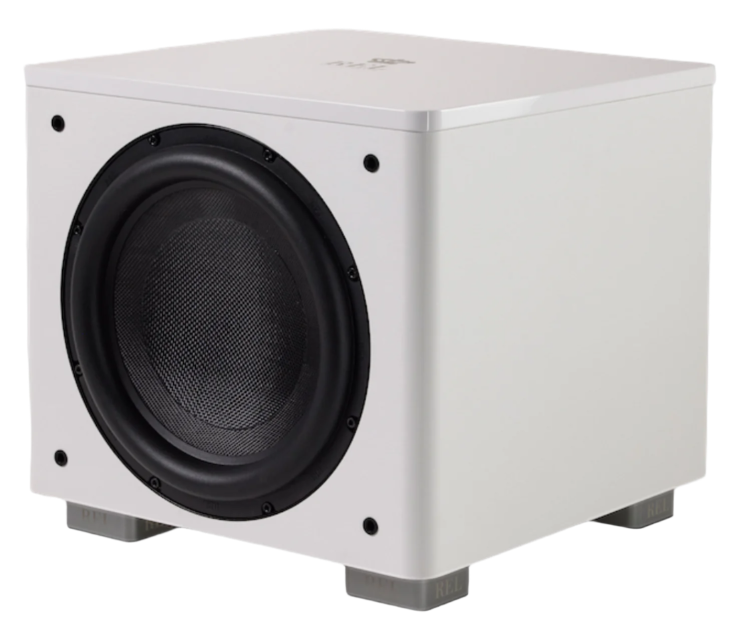 The REL Acoustics HT1205 MKII subwoofer in White. Angled image, no grille