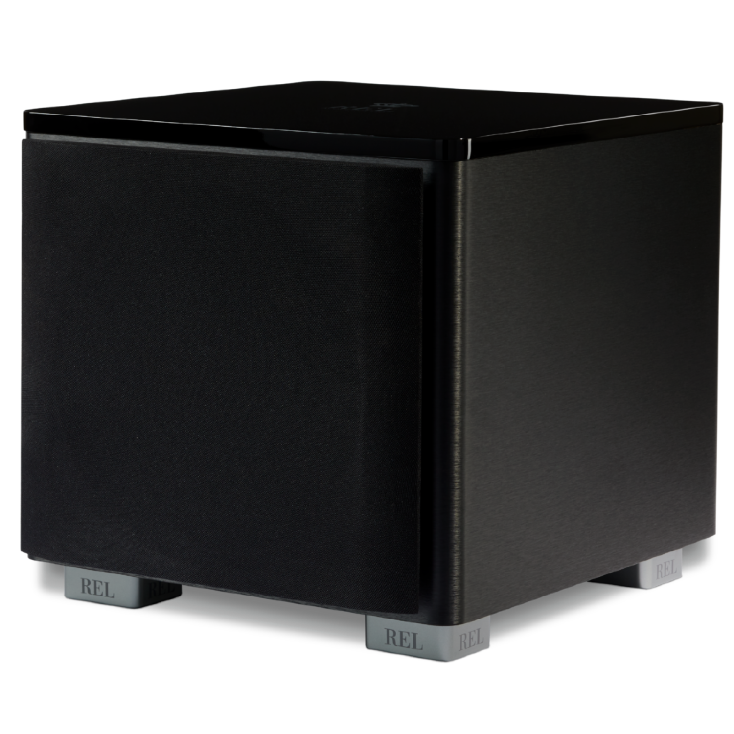 The REL Acoustics HT1205 MKII subwoofer in Black. Angled image, with grille