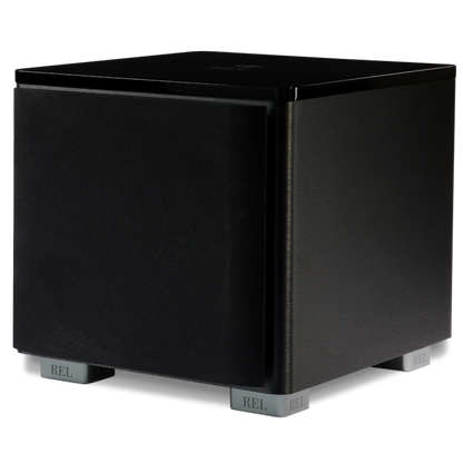 The REL Acoustics HT1205 MKII subwoofer in Black. Angled image, with grille