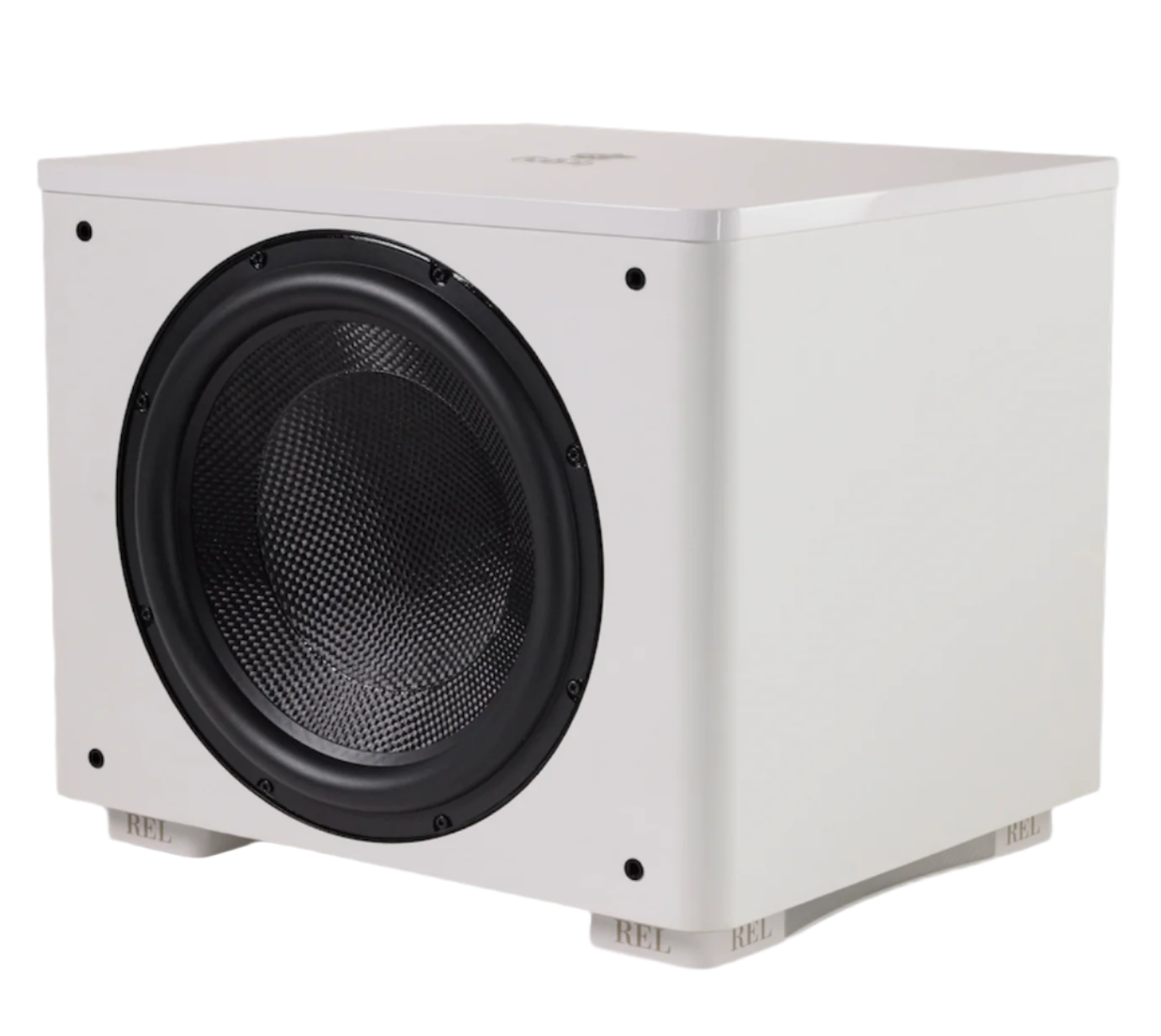 REL Acoustics HT/1510 Predator  II subwoofer in White, angled view without grille 