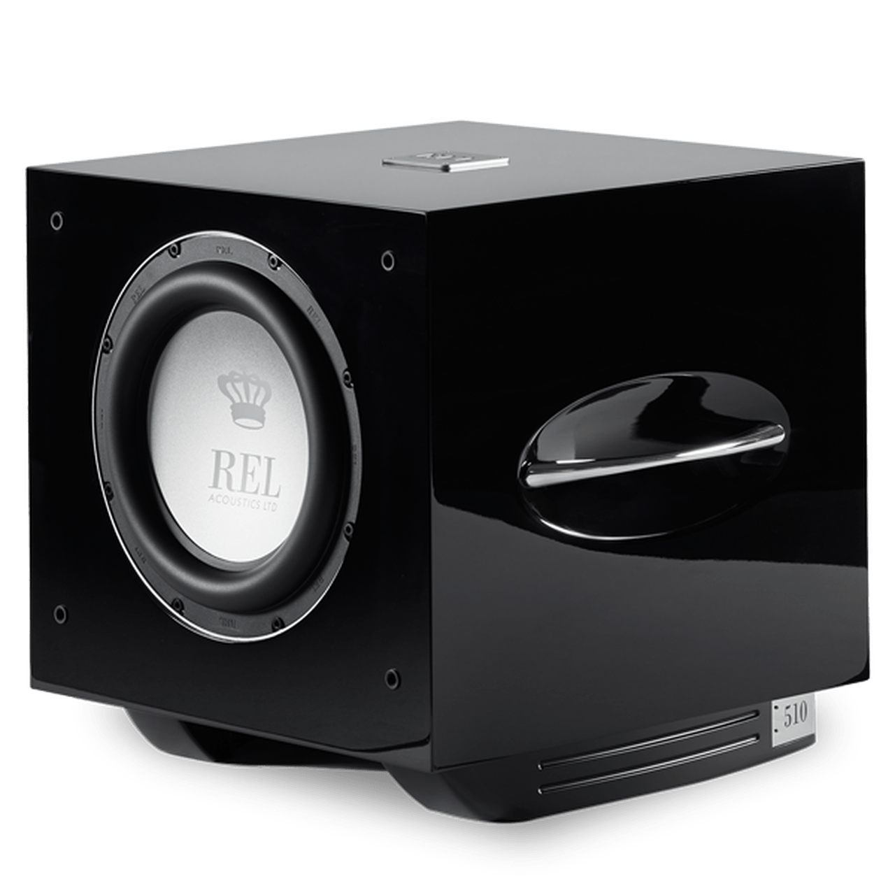 REL Acoustics Subwoofers REL S/510 Subwoofer in black, on an angle without Grille