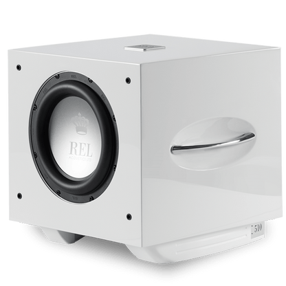 REL Acoustics Subwoofers REL S/510 Subwoofer in white, on an angle without Grille