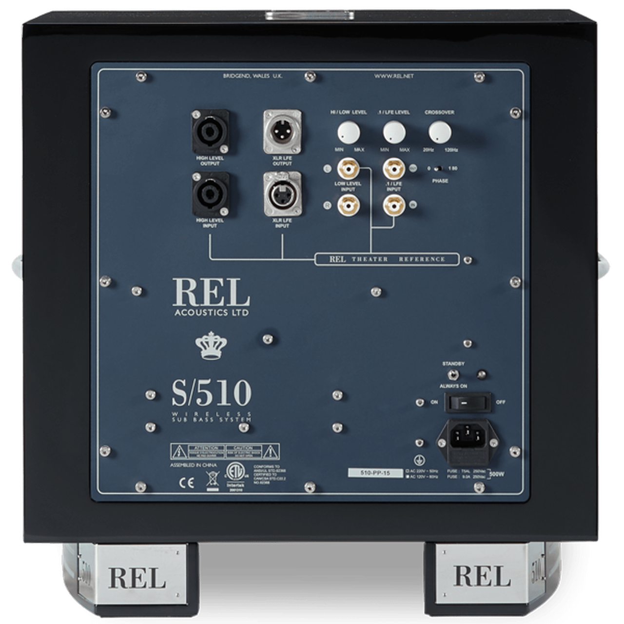 REL Acoustics Subwoofers REL S/510 Subwoofer in Piano Black, rear of unit