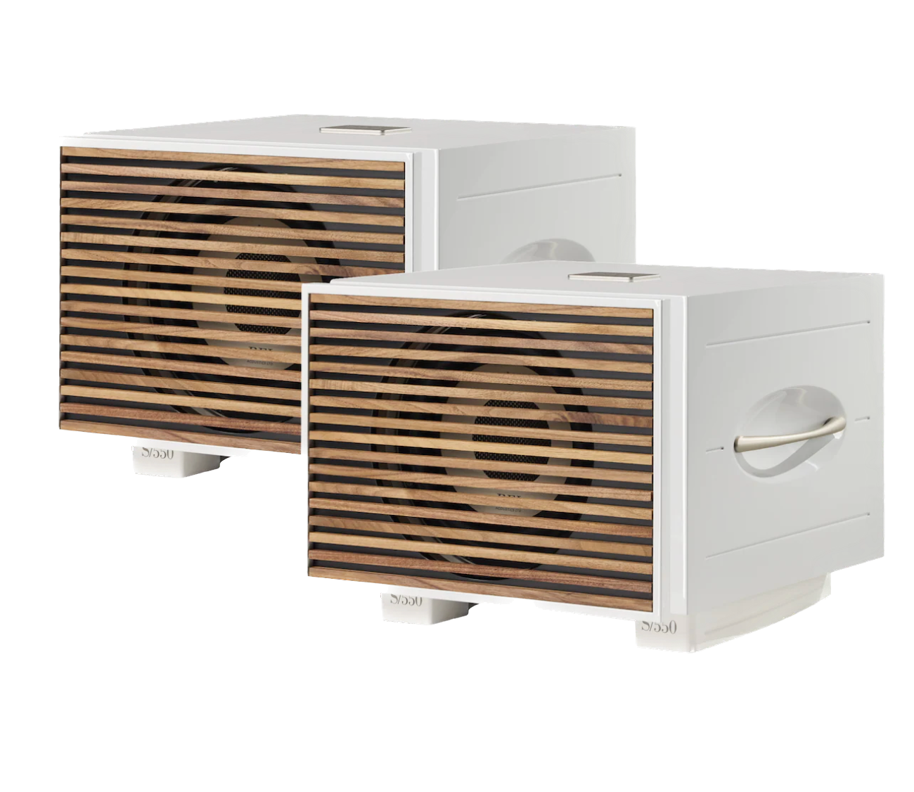 REL S/550 Subwoofer pair in White with wooden grille