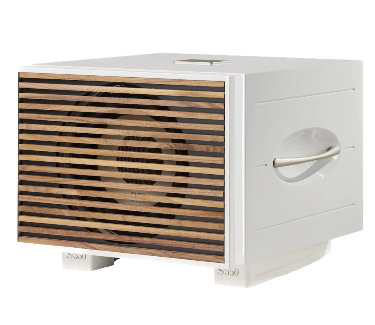 REL S/550 Subwoofer in White with wooden grille