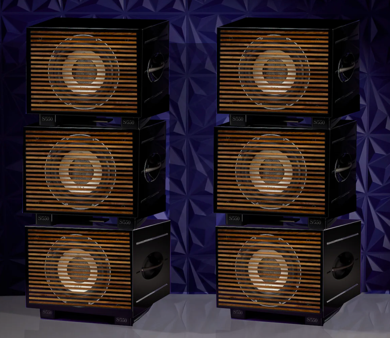 REL S/550 Subwoofers, stacked in Black with wooden grille
