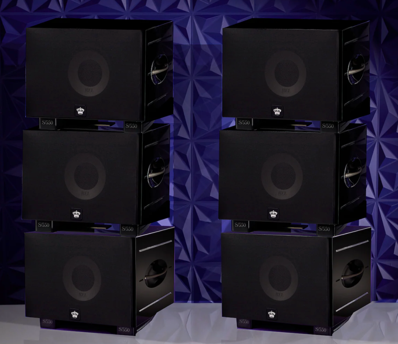 REL S/550 Subwoofers, stacked in Black with grille