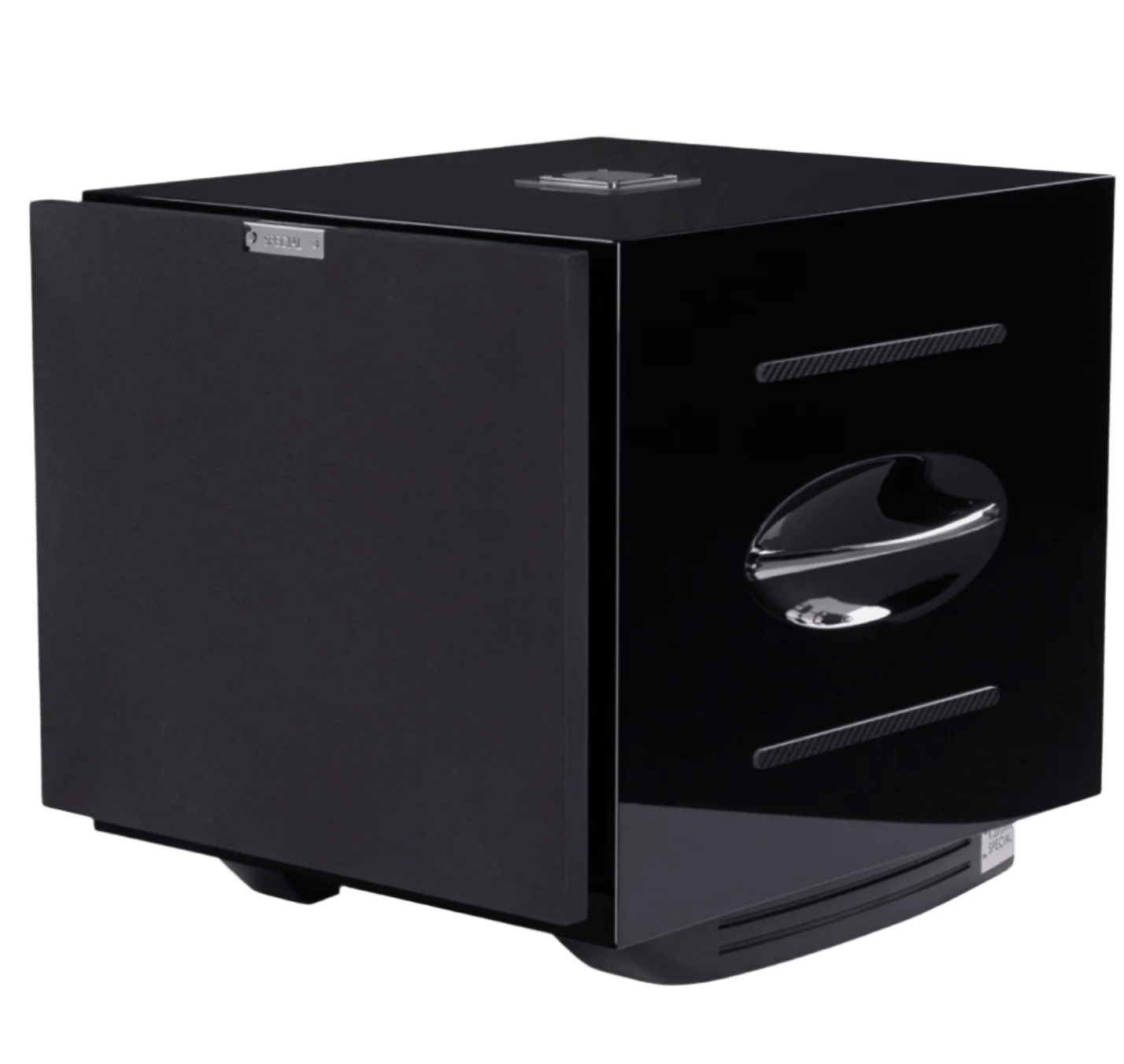REL Carbon Special subwoofer, black angled, with grille