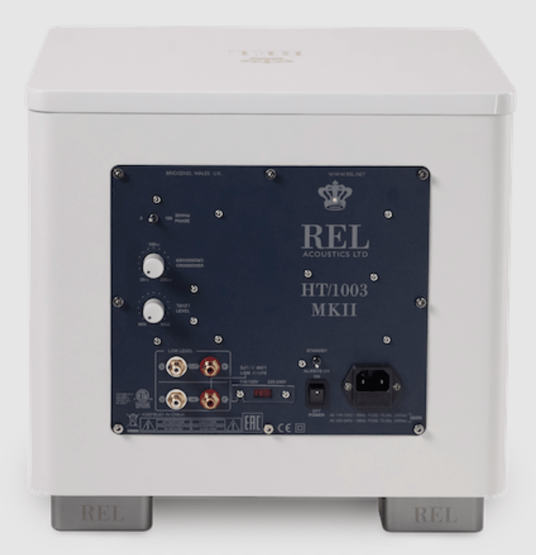 REL HT/1003 MK II Subwoofer in white, rear of unit